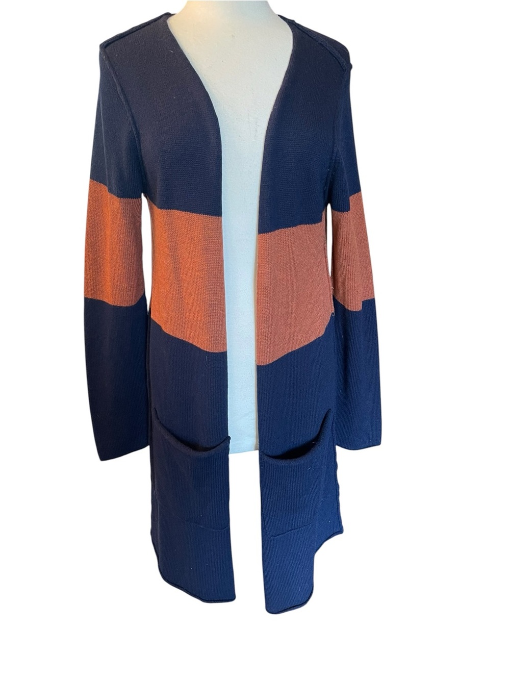 Trovata Colorblock Stripe Open Front Long Cardigan Sweater SZ L Navy Orange
